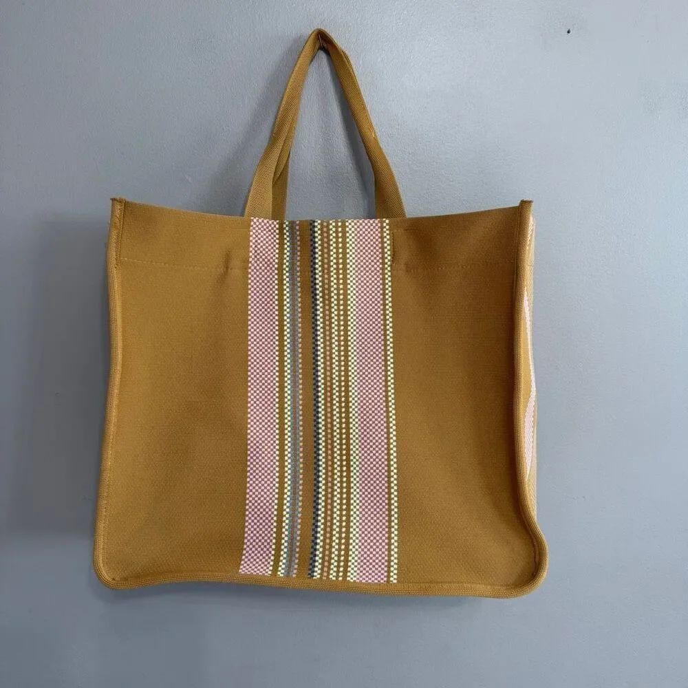 Aerie Large Beach Tote Mustard Yellow Multi Color Striped Accent Panel